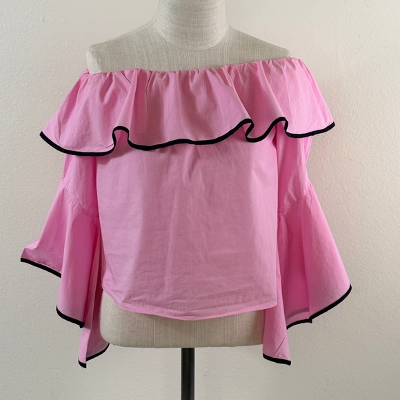 Zara Tops - Zara Basic Blouse Sz XS Pink Off Shoulder Ruffle Bell Sleeve Barbiecore Crop Top
